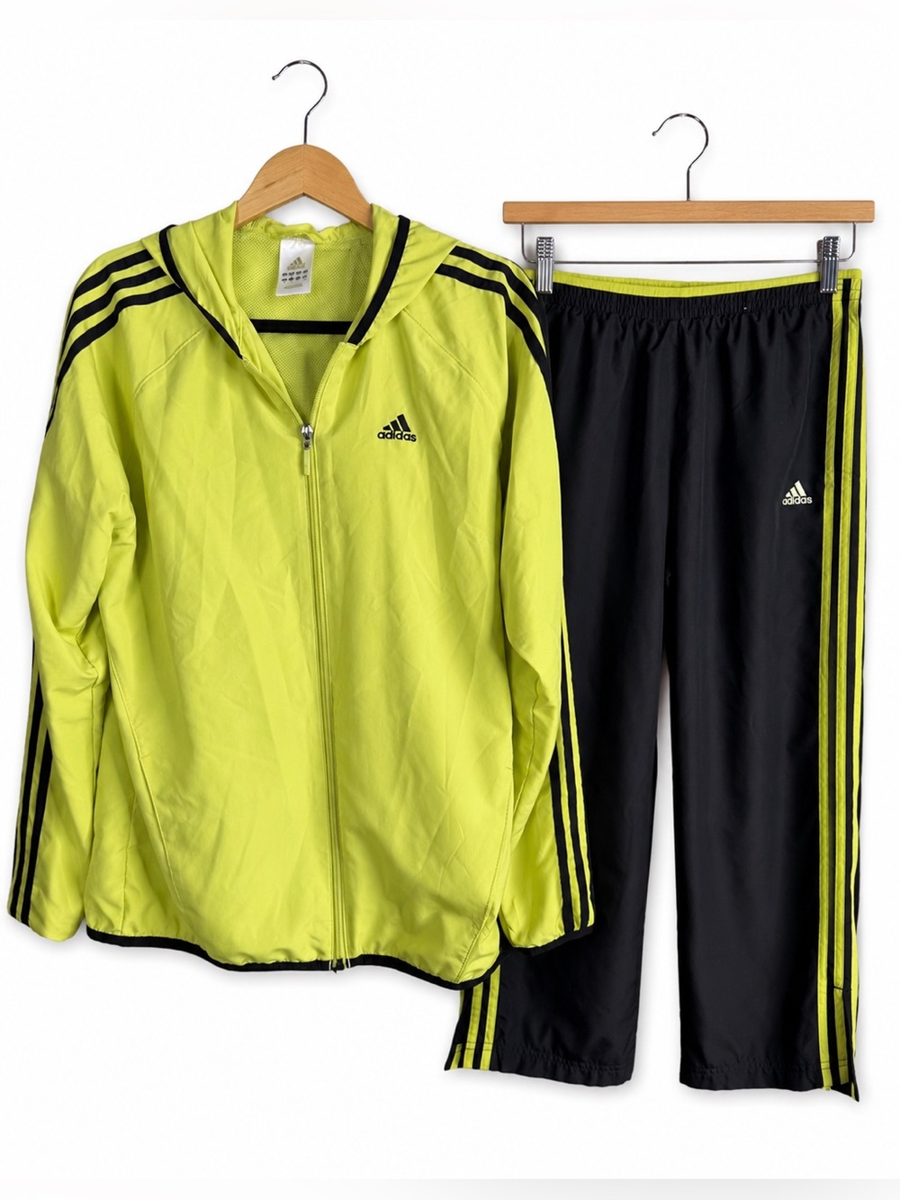 Adidas Neon Green Black Y2K Track Suit Set Hoodie Jacket Capri Pants Large